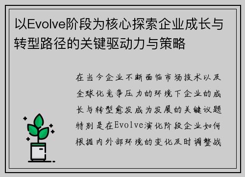 以Evolve阶段为核心探索企业成长与转型路径的关键驱动力与策略 以Evolve阶段为核心探索企业成长与转型路径的关键驱动力与策略